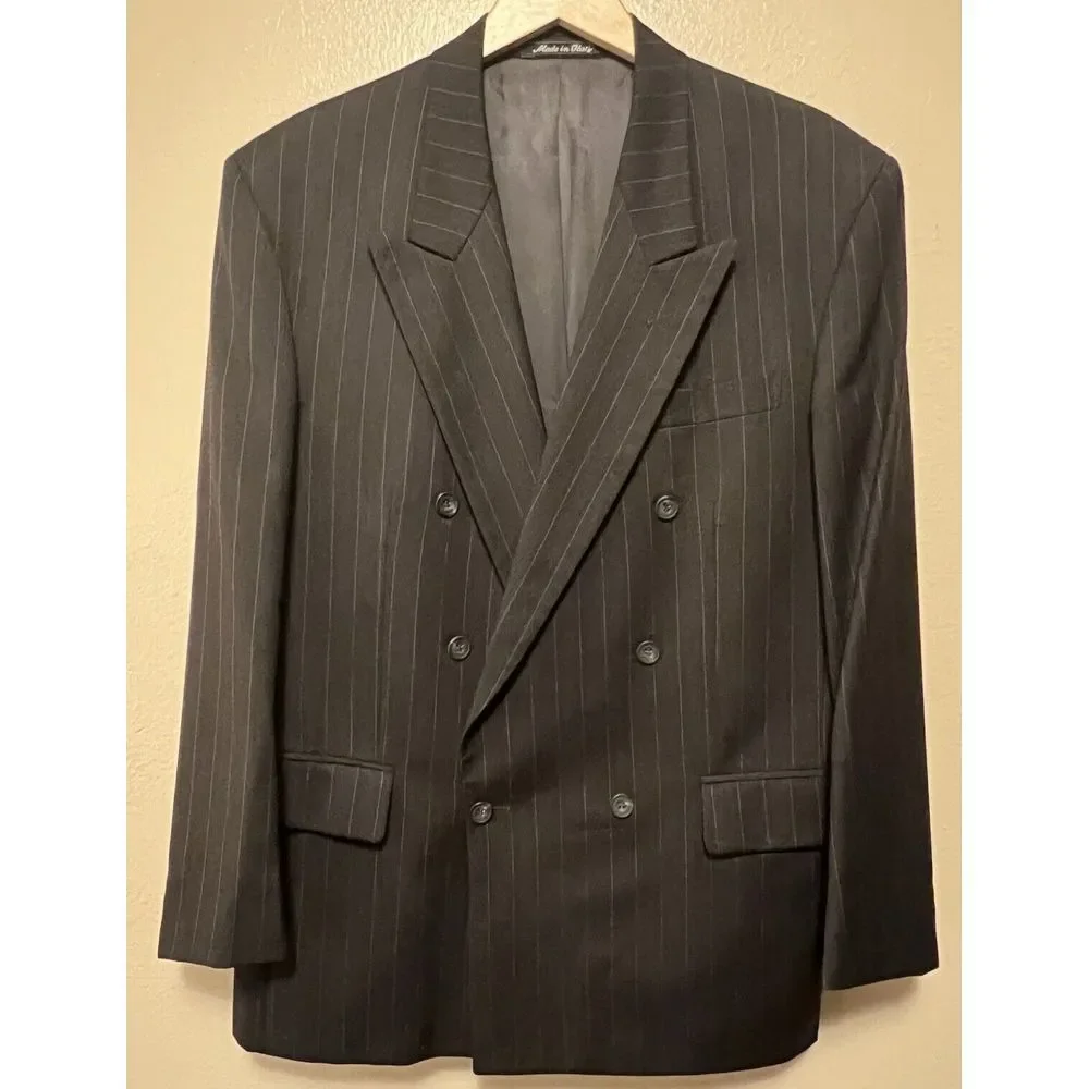 Vito Rufolo Italy Pinstripe Double Breasted Wool Blazer Dark Gray Men's Size 43
